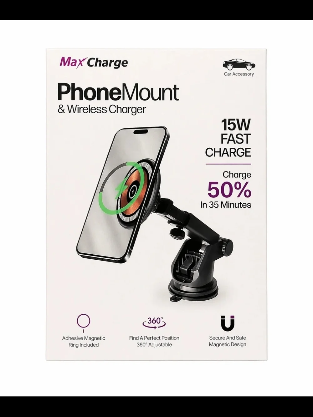 Black Car Phone Mount & 15W Fast Charge Wireless Charger BNIB